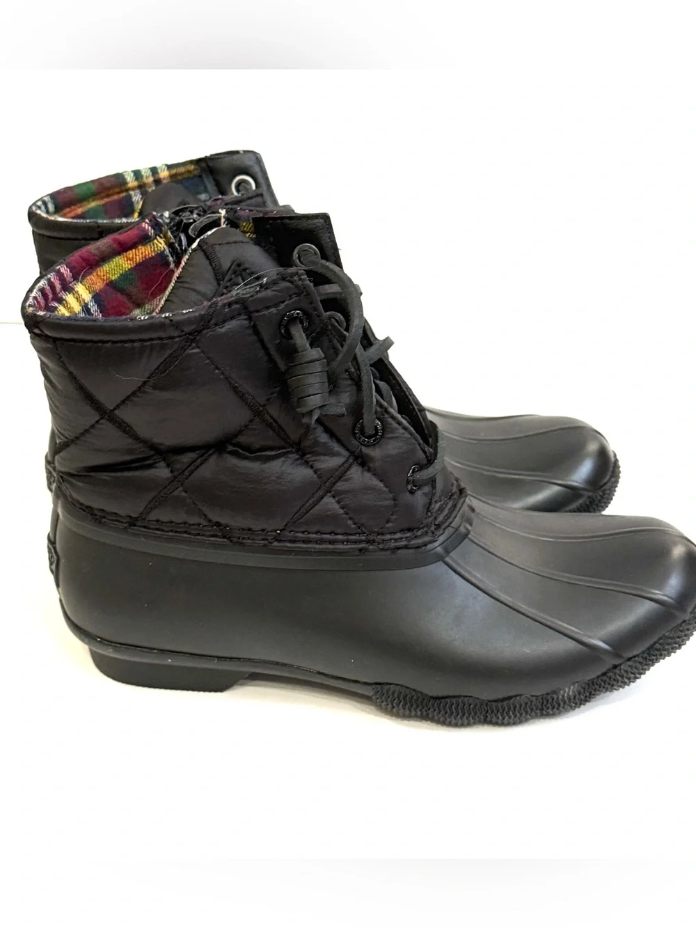 Sperry Women’s 5.5 Black Quilted Duck Boots Plaid Lined NEW Without Box